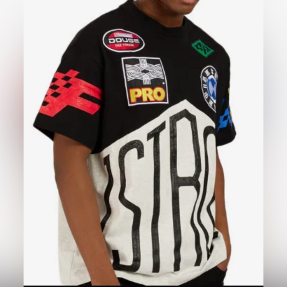 FIRST ROW Racing Patches Graphic Mens Tshirt, Black Cew Neck Sz Large NWOT